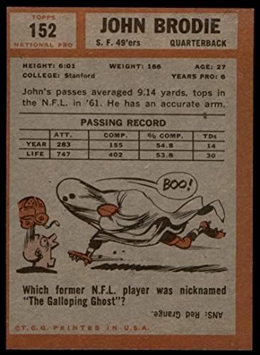 1962 Topps 152 Джон Броуди Сан Франциско 49ерс (Футболна карта) VG/БИВШ 49ерс Станфорд