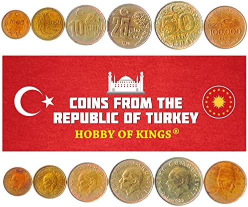 6 Монети от Турция | Колекция от турски монети 1000 5000 10000 25000 50000 100000 Лири | В обращение 1995-2000