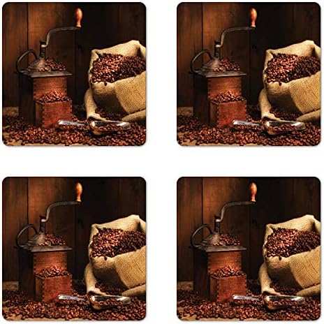 Набор от кафе на каботажните Ambesonne от 4 парчета, Стара Мелница в Ретро стил с Зърна в Чул, Дървена Облегалка,