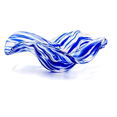 Стъклена художествена купа Вълна на Кралския син и бял цвят, върху прозрачен фон | 11,25 инча | Уникални идеи