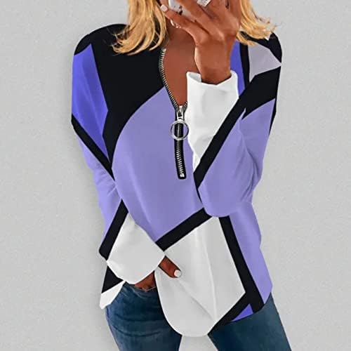 Дамски Hoody с V-образно деколте и цип на Неправилна Геометрия в Контрастен Цвят, Пуловер с Дълъг Ръкав, Пролетна